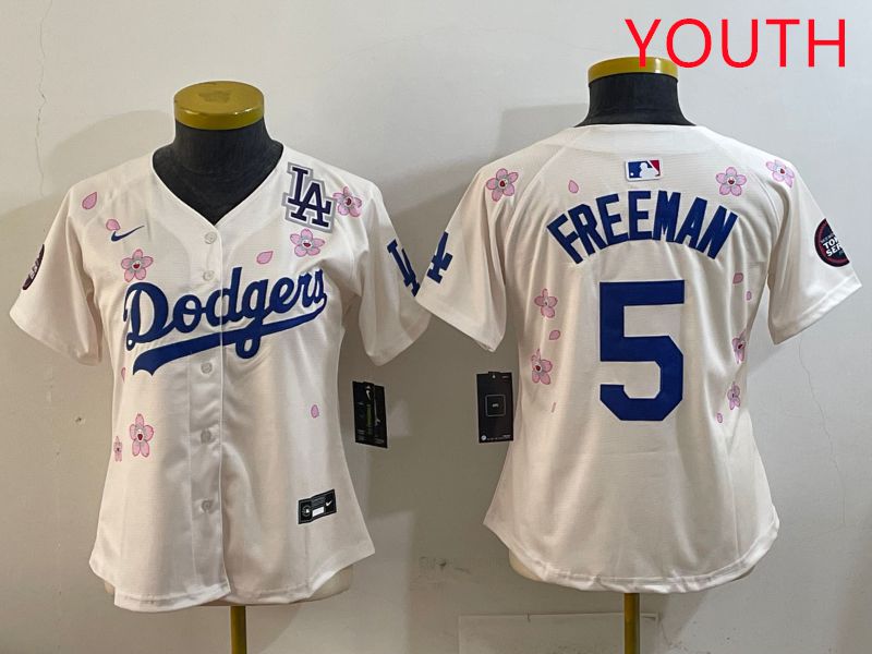 Youth Los Angeles Dodgers #5 Freeman Cream Sakura Edition 2025 Nike MLB Jersey style 5